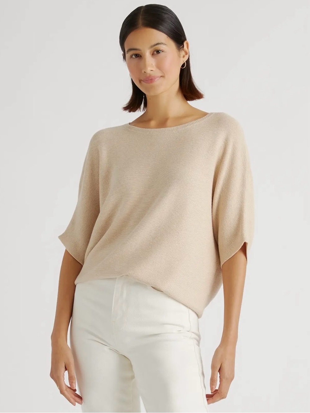 Quince Lightweight Cotton Cashmere Link-Stitch Dolman Sweater Heather Oatmeal M